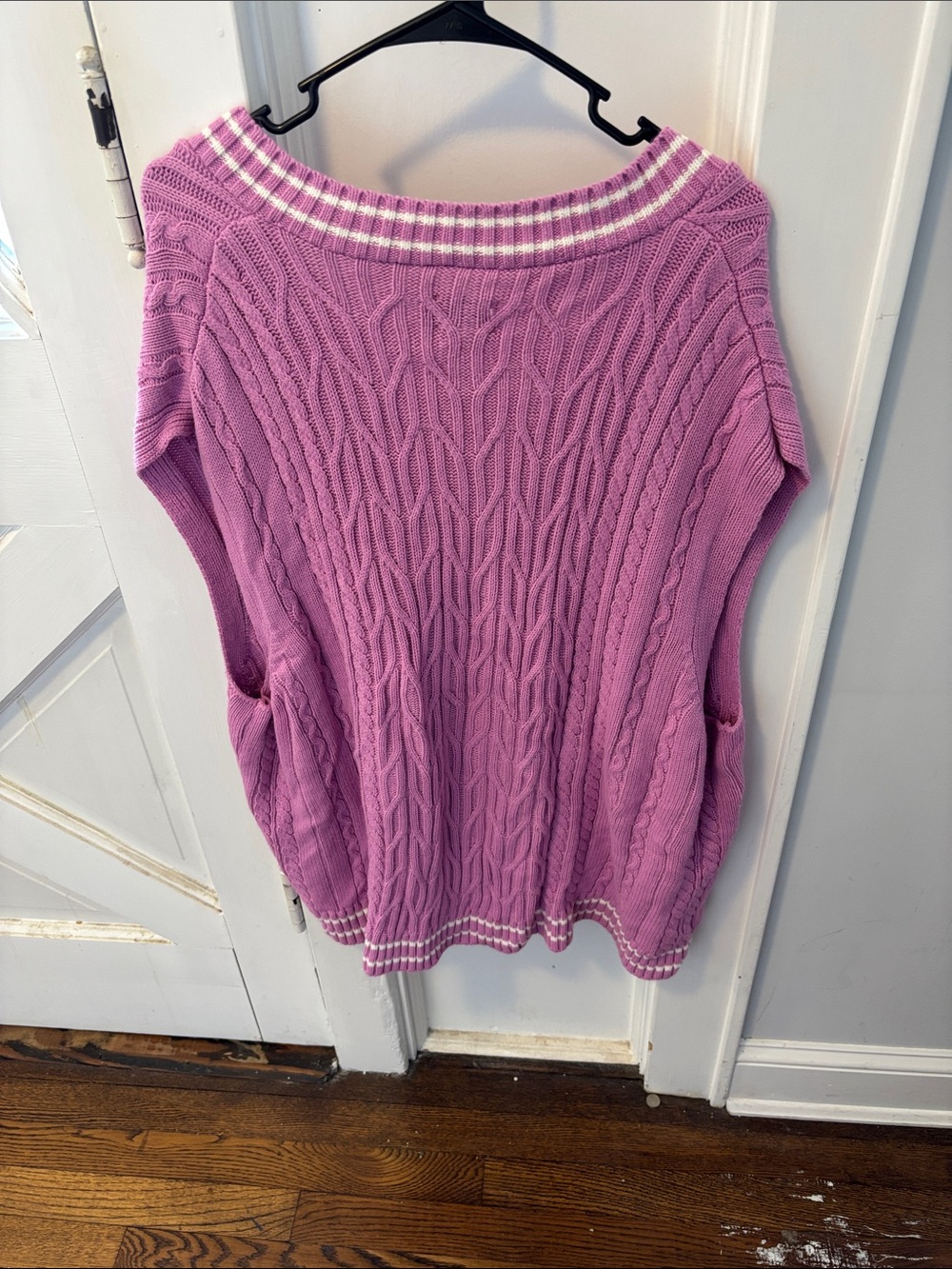 Kohl's Pink Cable Knit V-Neck Sweater with Cream Trim - Picture 3 of 3